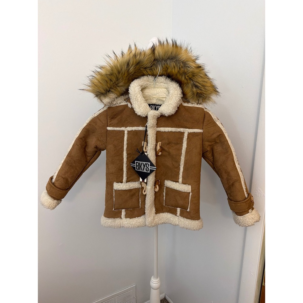 BKYS Kids Tan Faux Shearling Aviator Jacket Faux Fur Hood Toggle Coat 3-4T NEW